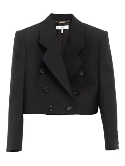 Chloé Double-breasted Cropped Spencer Jacket In Striped Wool In Black