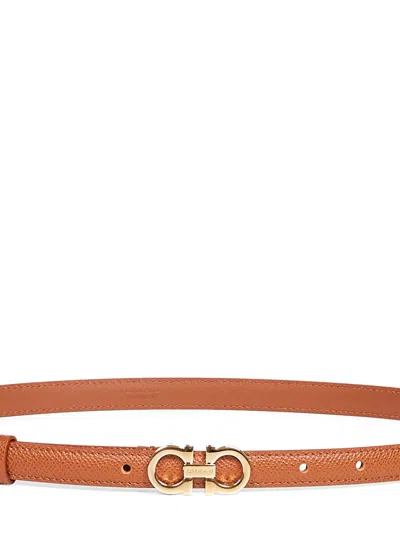 Ferragamo Women Beige Hammered Calfskin Gancini Belt In Orange