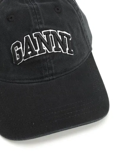 Ganni Womens Black Brand-embroidered Cotton-canvas Cap In Black