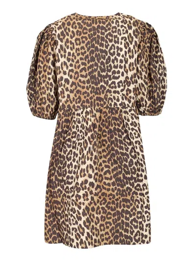 Ganni Brown Leopard Printed Cotton Tie String Minidress In 943 Leopard