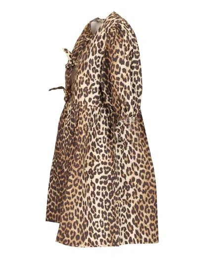 Ganni Brown Leopard Printed Cotton Tie String Minidress In 943 Leopard