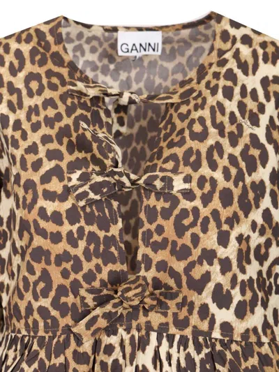 Ganni Brown Leopard Printed Cotton Tie String Minidress In 943 Leopard