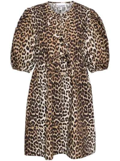 Ganni Brown Leopard Printed Cotton Tie String Minidress In 943 Leopard