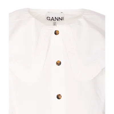 Ganni Short Cotton Shirt With Ruffles In White