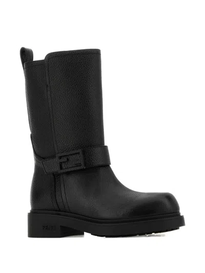 Fendi Leather Buckle Boots In Black