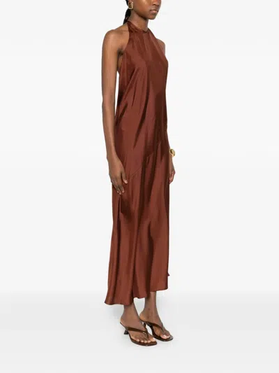 St Agni Halterneck Twill Maxi Dress In Brown