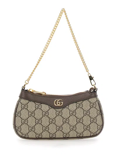Gucci Women Beige Shoulder Bag With Gg Plaque On The Front And Chain-link Handle In Gg Canvas Woman In Multi