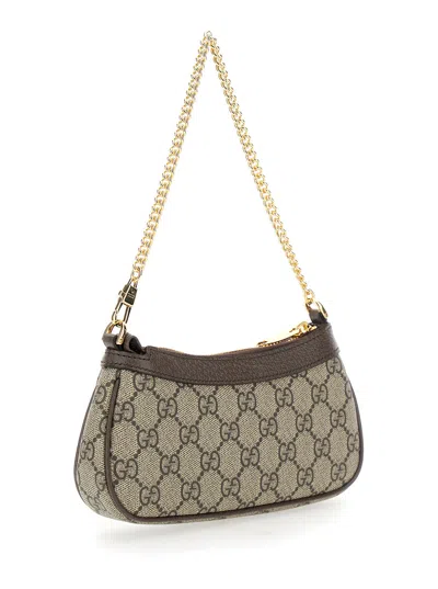 Gucci Women Beige Shoulder Bag With Gg Plaque On The Front And Chain-link Handle In Gg Canvas Woman In Multi