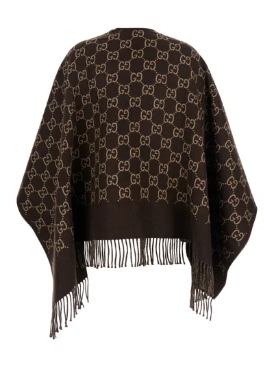 Gucci Women Brown Cape With Fringes And Gg All-over Motif In Wool Woman In Multi