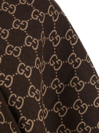 Gucci Women Brown Cape With Fringes And Gg All-over Motif In Wool Woman In Multi