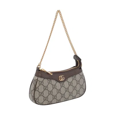 Gucci Women Beige Shoulder Bag With Gg Plaque On The Front And Chain-link Handle In Gg Canvas Woman In Brown