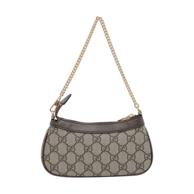 Gucci Women Beige Shoulder Bag With Gg Plaque On The Front And Chain-link Handle In Gg Canvas Woman In Brown