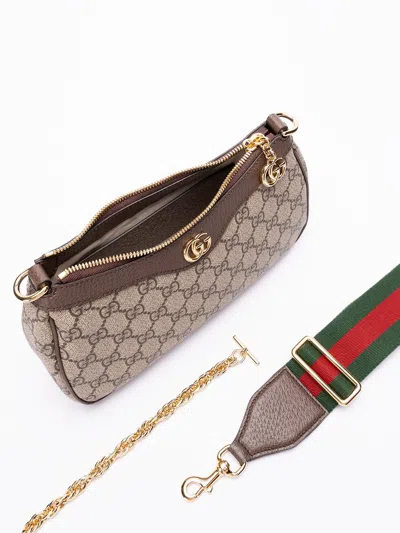 Gucci Women Beige Shoulder Bag With Gg Plaque On The Front And Chain-link Handle In Gg Canvas Woman In Multi
