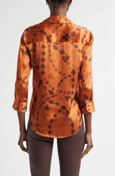 L'agence Dani Playing Card Print Silk Button-up Shirt In Orange