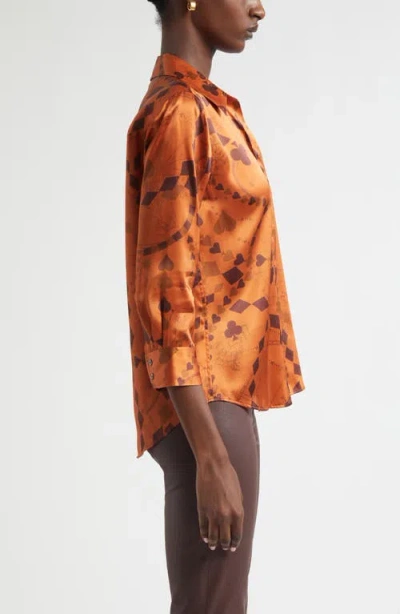 L'agence Dani Playing Card Print Silk Button-up Shirt In Orange