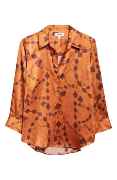 L'agence Dani Playing Card Print Silk Button-up Shirt In Orange