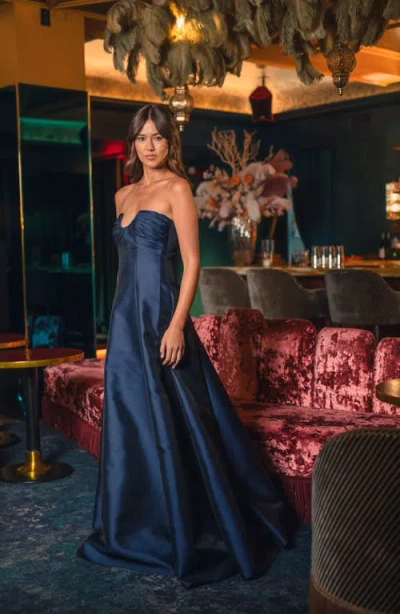 Badgley Mischka Collection Strapless Satin Gown In Animal Print