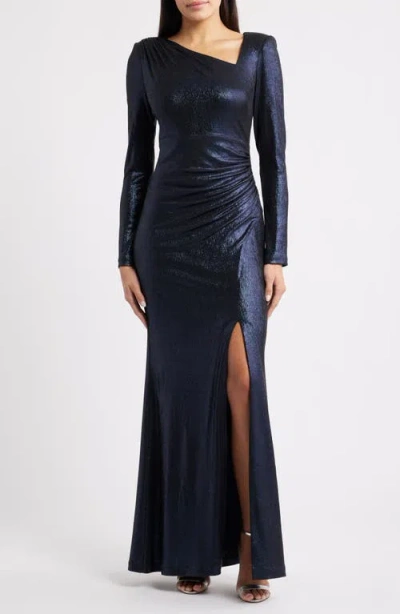 Eliza J Ruched Asymmetric Neck Long Sleeve Maxi Dress In Multi