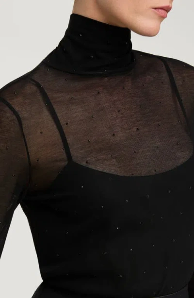 Lafayette 148 New York Sheer Embellished Turtleneck Sweater In Black