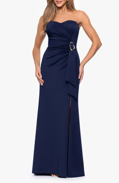 Xscape Evenings Belt Detail Strapless Scuba Gown In Blue