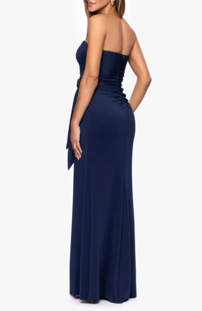 Xscape Evenings Belt Detail Strapless Scuba Gown In Blue