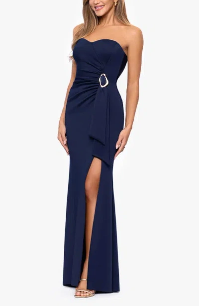 Xscape Evenings Belt Detail Strapless Scuba Gown In Blue