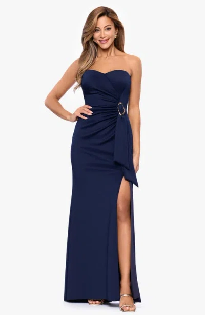 Xscape Evenings Belt Detail Strapless Scuba Gown In Blue