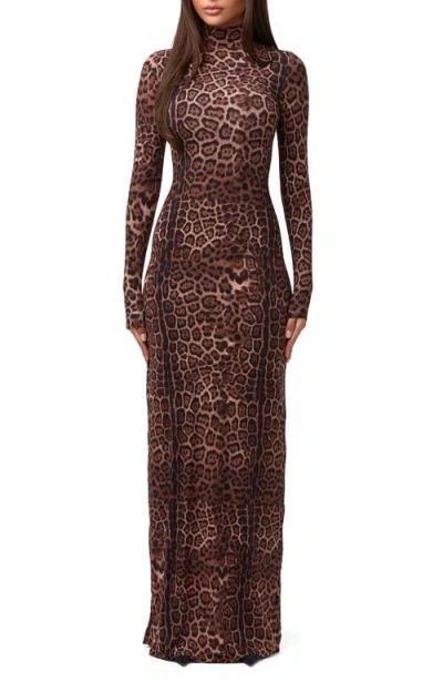 Naked Wardrobe Leopard Print Long Sleeve Body-con Maxi Dress In Animal Print
