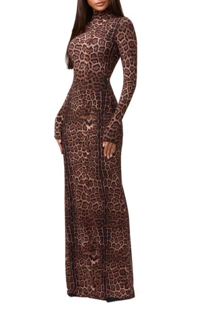 Naked Wardrobe Leopard Print Long Sleeve Body-con Maxi Dress In Animal Print