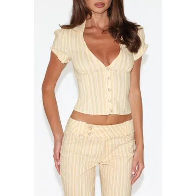 Tiger Mist Kittie Stripe Puff Sleeve Crop Shirt In Yellow