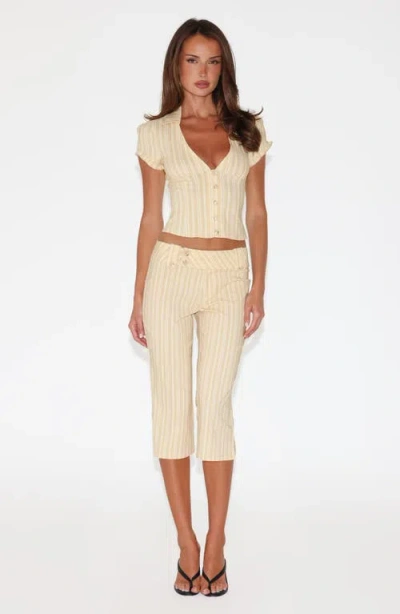 Tiger Mist Kittie Stripe Puff Sleeve Crop Shirt In Yellow