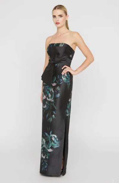 Kay Unger Constance Floral Bow Detail Strapless Column Gown In Multi