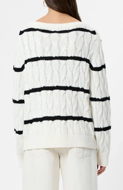 French Connection Mozart Stripe Cable Stitch Cotton Boat Neck Sweater In White
