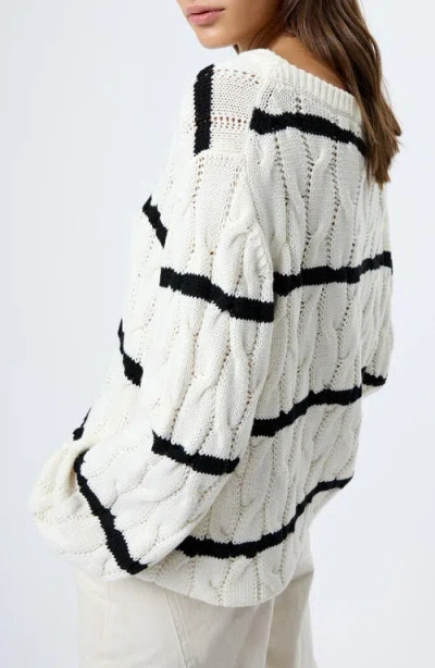 French Connection Mozart Stripe Cable Stitch Cotton Boat Neck Sweater In White