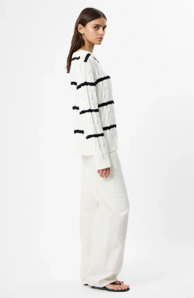 French Connection Mozart Stripe Cable Stitch Cotton Boat Neck Sweater In White