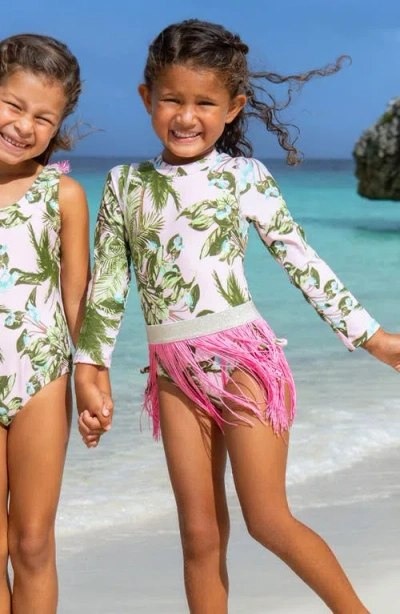 Shade Critters Kids' Blush Tropics One-piece Rashguard Swimsuit & Fringe Cover-up Skirt Set In Pink