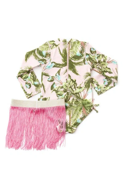 Shade Critters Kids' Blush Tropics One-piece Rashguard Swimsuit & Fringe Cover-up Skirt Set In Pink