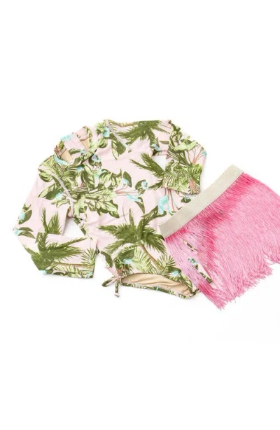 Shade Critters Kids' Blush Tropics One-piece Rashguard Swimsuit & Fringe Cover-up Skirt Set In Pink