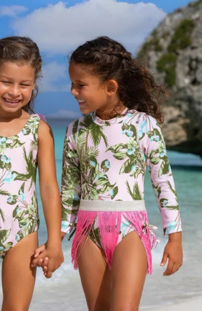 Shade Critters Kids' Blush Tropics One-piece Rashguard Swimsuit & Fringe Cover-up Skirt Set In Pink