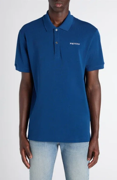 Alexander Mcqueen Mcqueen Embroidered Logo Cotton Piqué Polo In Blue