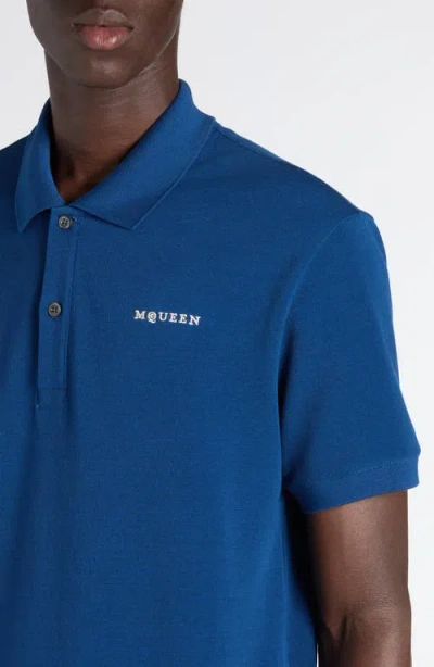 Alexander Mcqueen Mcqueen Embroidered Logo Cotton Piqué Polo In Blue