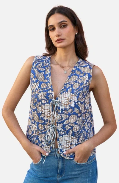 Yumi Floral Reversible Quilted Vest Jacket In Blue