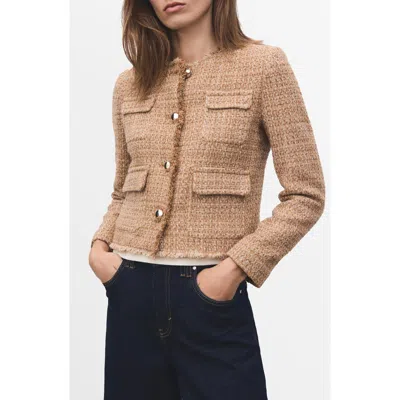 Mango Tweed Jacket With Frayed Ends Medium Brown In Brown