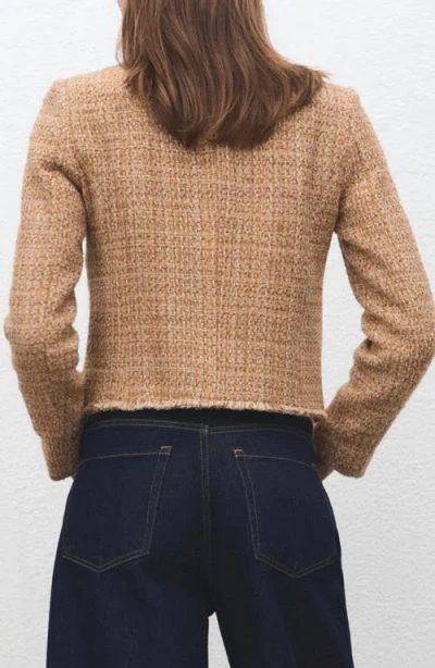 Mango Tweed Jacket With Frayed Ends Medium Brown In Brown