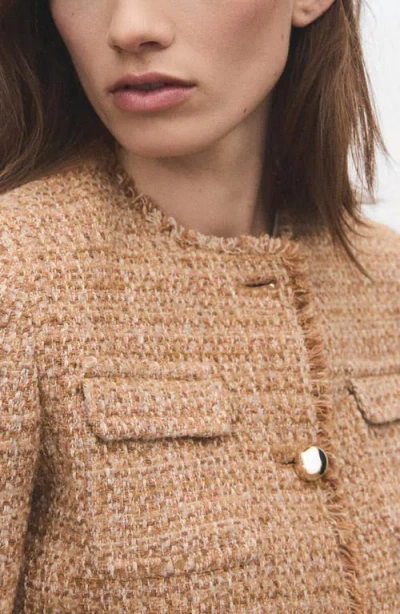 Mango Tweed Jacket With Frayed Ends Medium Brown In Brown