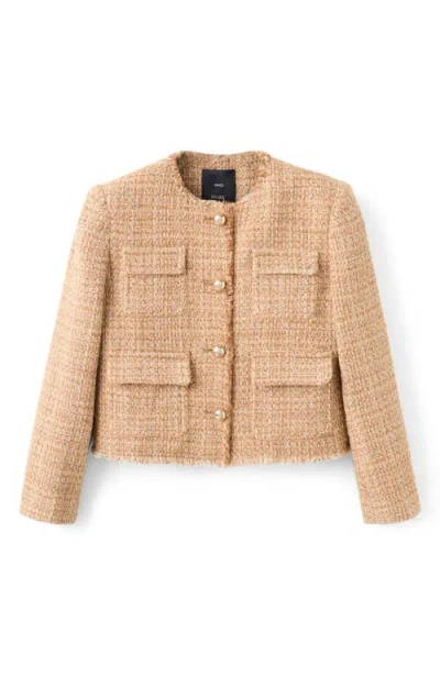 Mango Tweed Jacket With Frayed Ends Medium Brown In Brown