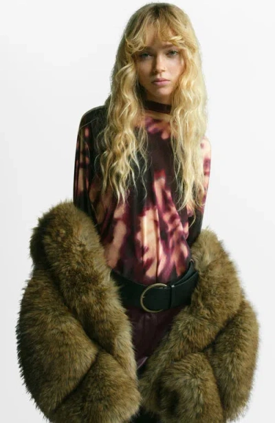 Mango Tie Dye Mock Neck Top In Burgundy