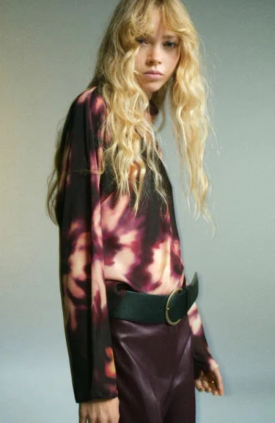 Mango Tie Dye Mock Neck Top In Burgundy