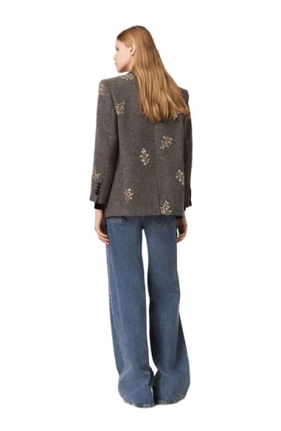 Maje Flower-embroidered Wool Jacket In Gray