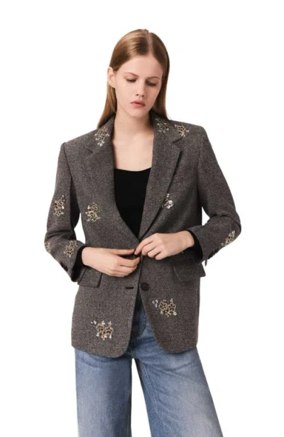 Maje Flower-embroidered Wool Jacket In Gray